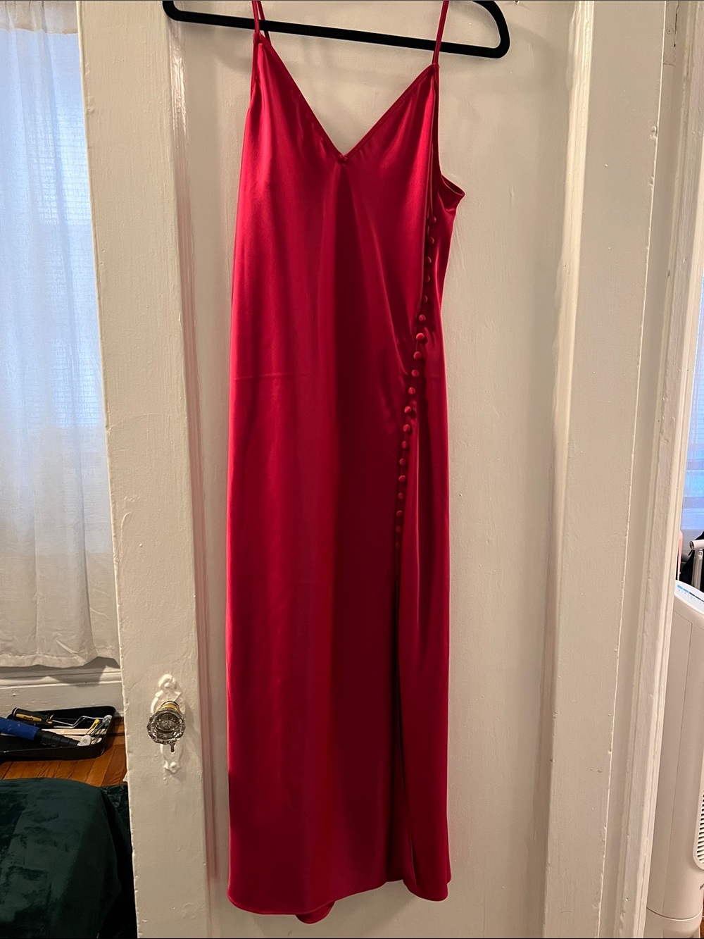 Banana Republic Red Satin Maxi Slip Dress with Side Covered Buttons